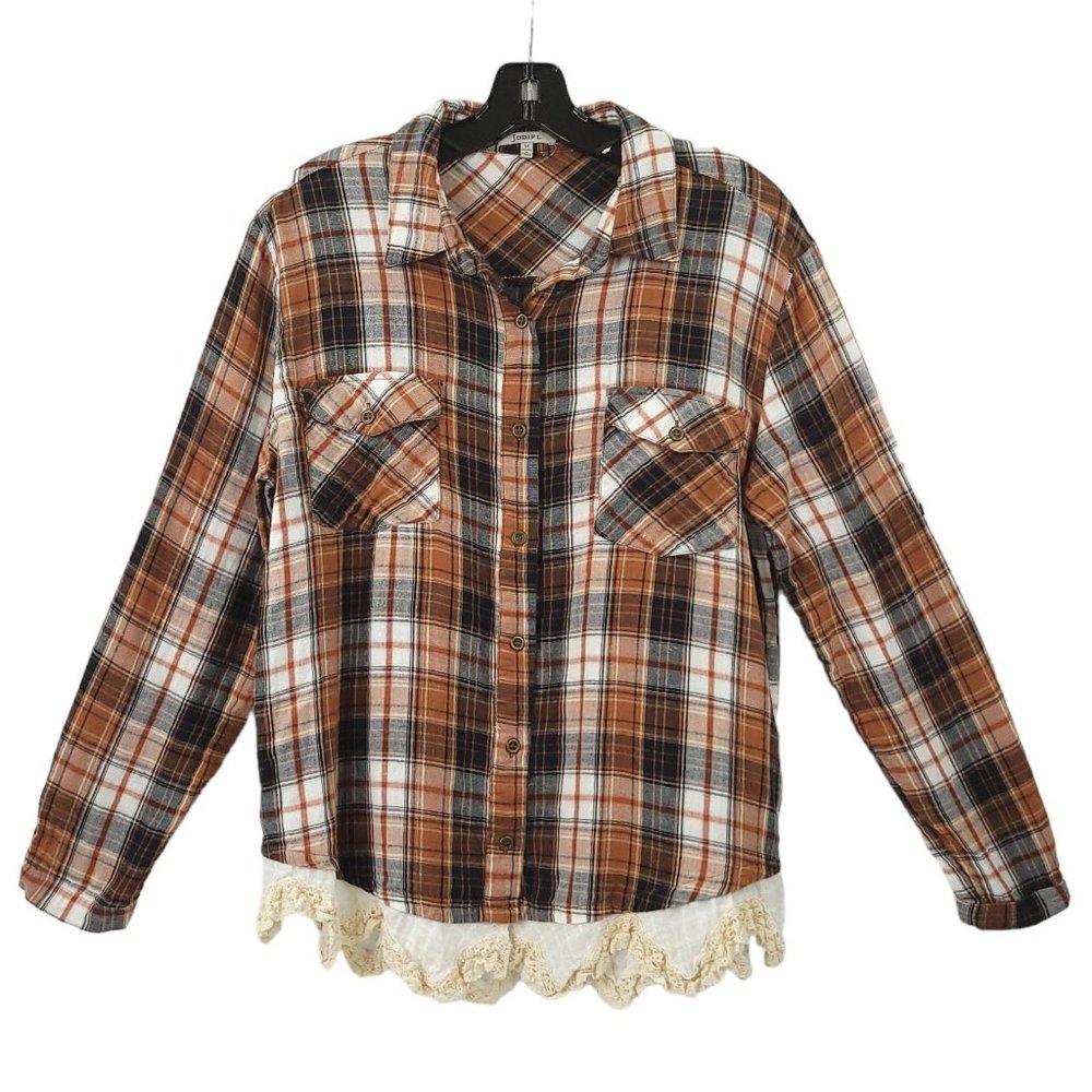 Jodifl Plaid Crochet Lace Trim Cotton Shirt Womens M Flap Pockets Brown Boho